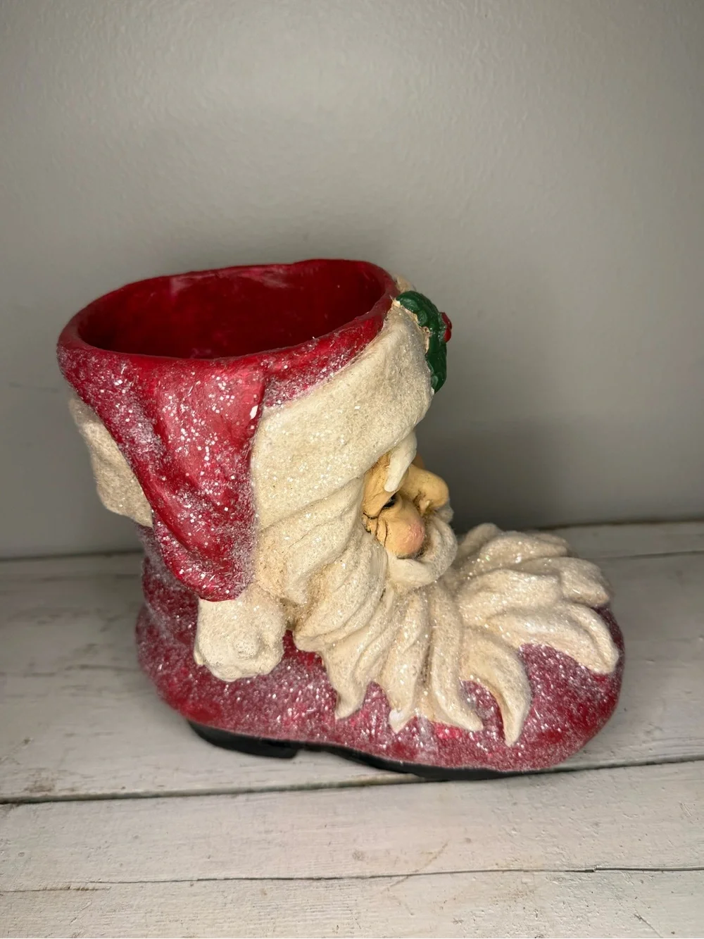 RAZ Imports Large Paper Mache Santa Face Glitter Boot 7.5” Hand Painted